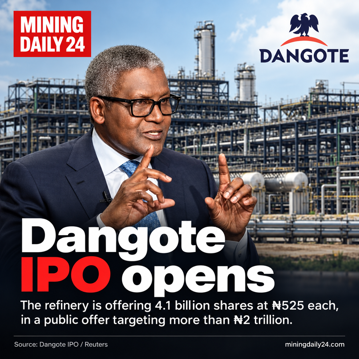 Aliko Dangote, founder of Dangote Industries, as the group opens public ownership of its 700,000-barrel-a-day petroleum refinery.