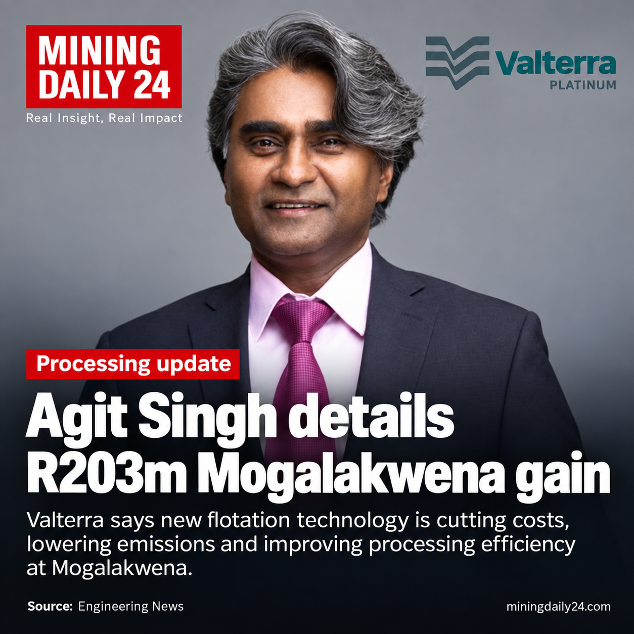 Valterra Platinum Executive Head: Processing Operations Agit Singh says Jameson cell technology at Mogalakwena is delivering major cost, energy and logistics benefits.