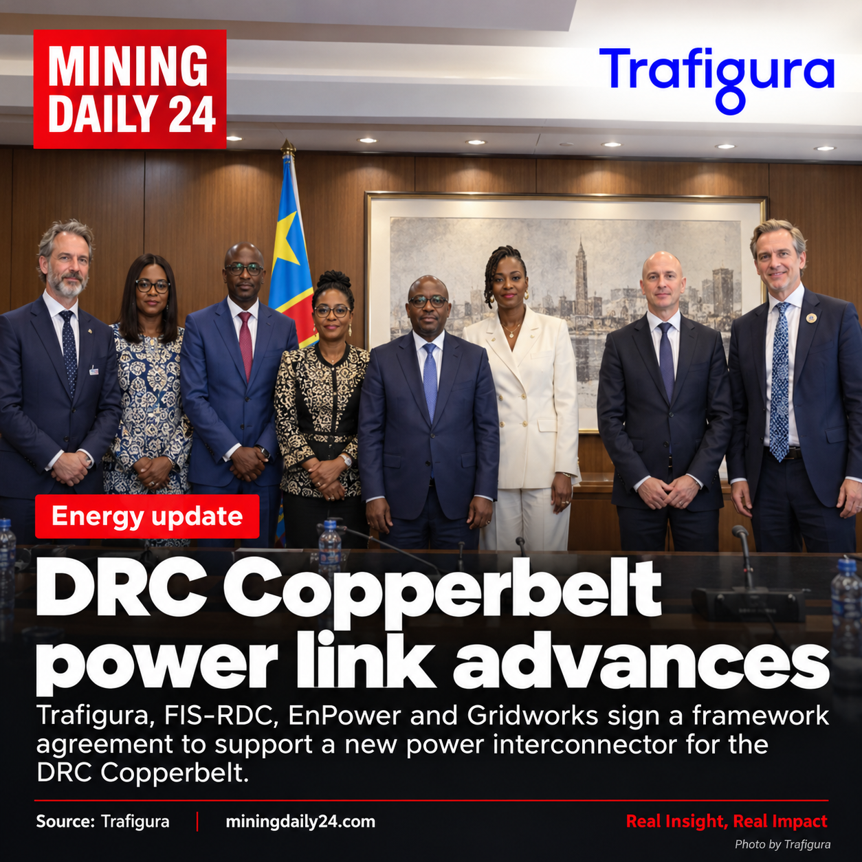 Trafigura’s Gonzalo De Olazaval joined representatives from FIS-RDC, EnPower and Gridworks in Kinshasa to mark the signing of the strategic framework agreement for the Kalumbila-Kolwezi Interconnector Project.