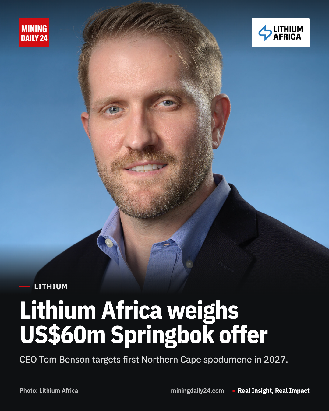 Dr Tom Benson, chief executive of Lithium Africa, which is developing the Springbok lithium project in the Northern Cape.