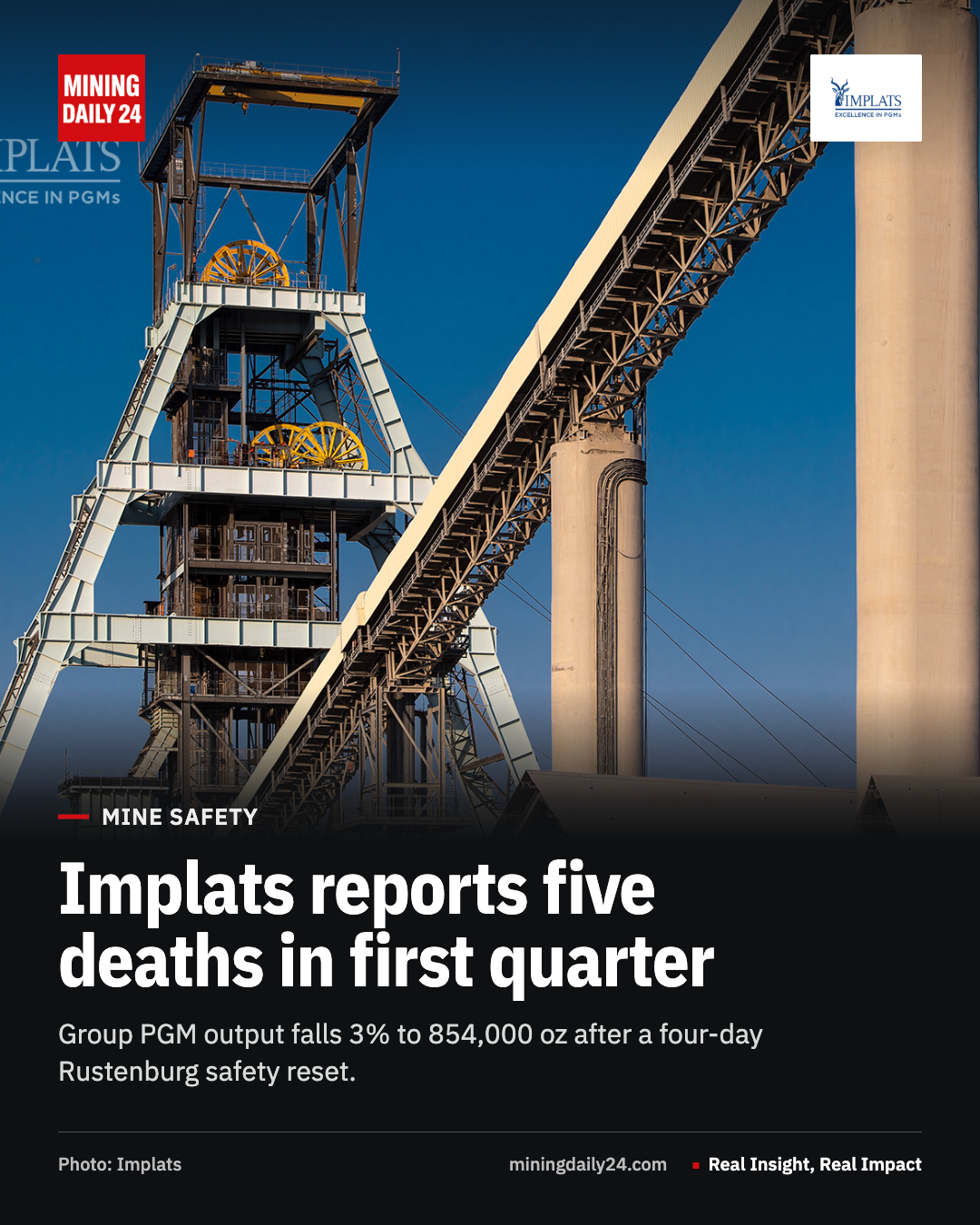 Implats reports five fatalities as first-quarter PGM output falls 3%
